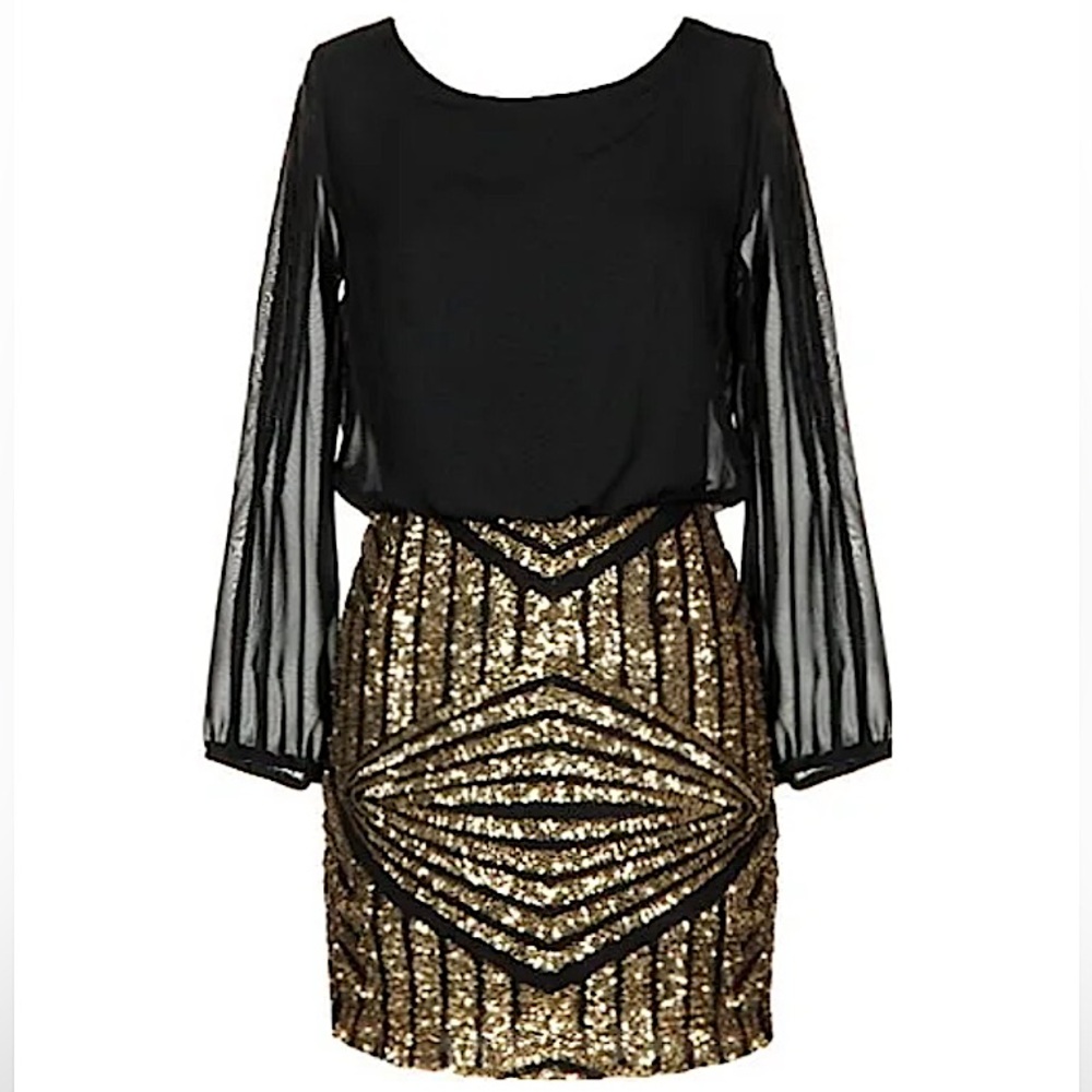 RICKETY RACK #142 Long Sleeve Black + Bronze Sequin Chiffon Combo Dress SMALL